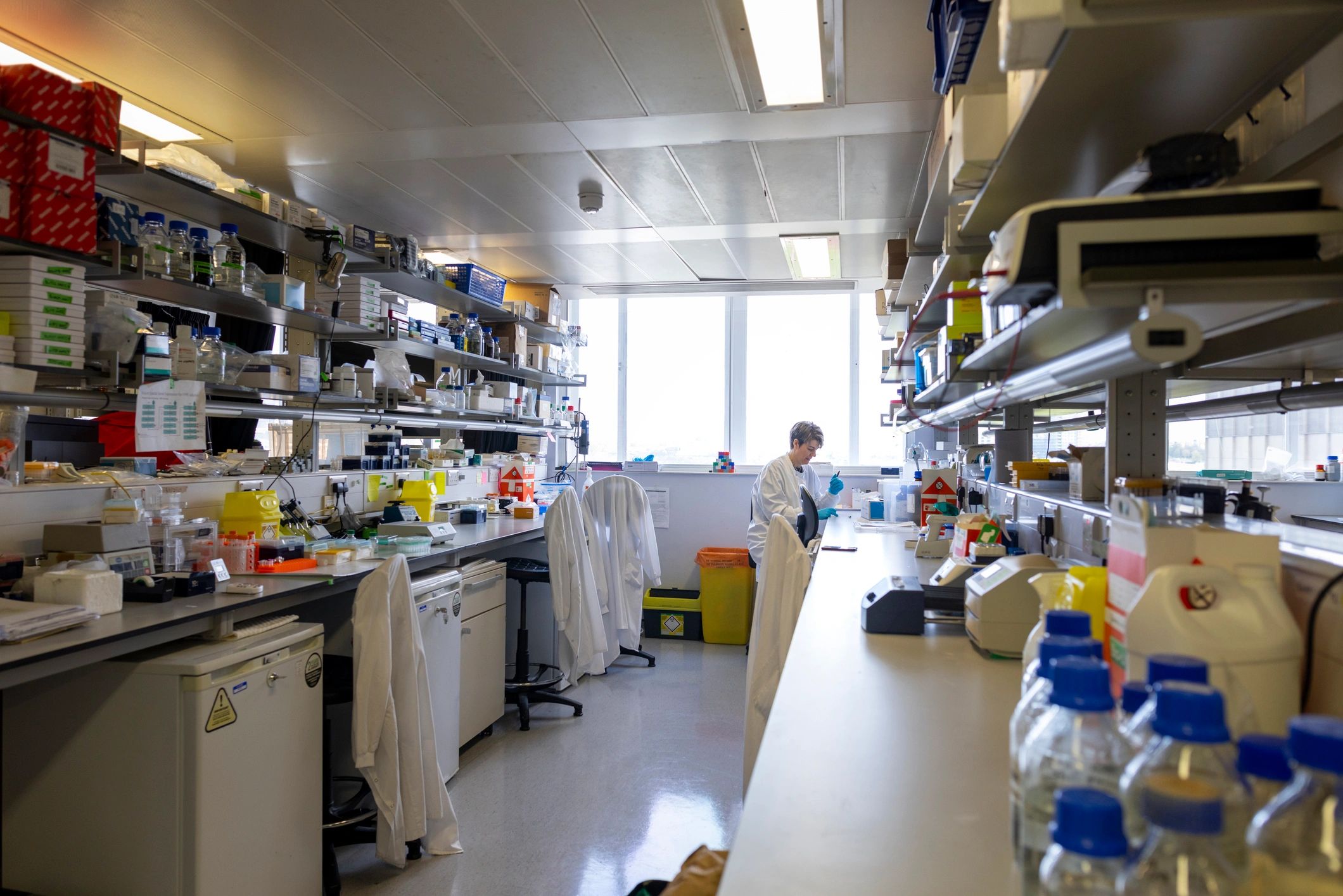 Scientist working with lab glassware in a modern laboratory